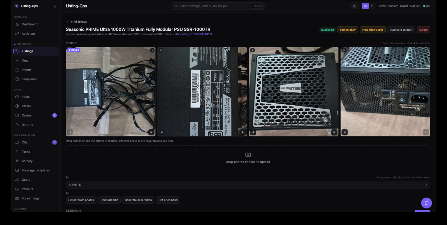 A listing's detail page: real product photos, an AI-drafted title, and one-click publish to eBay.