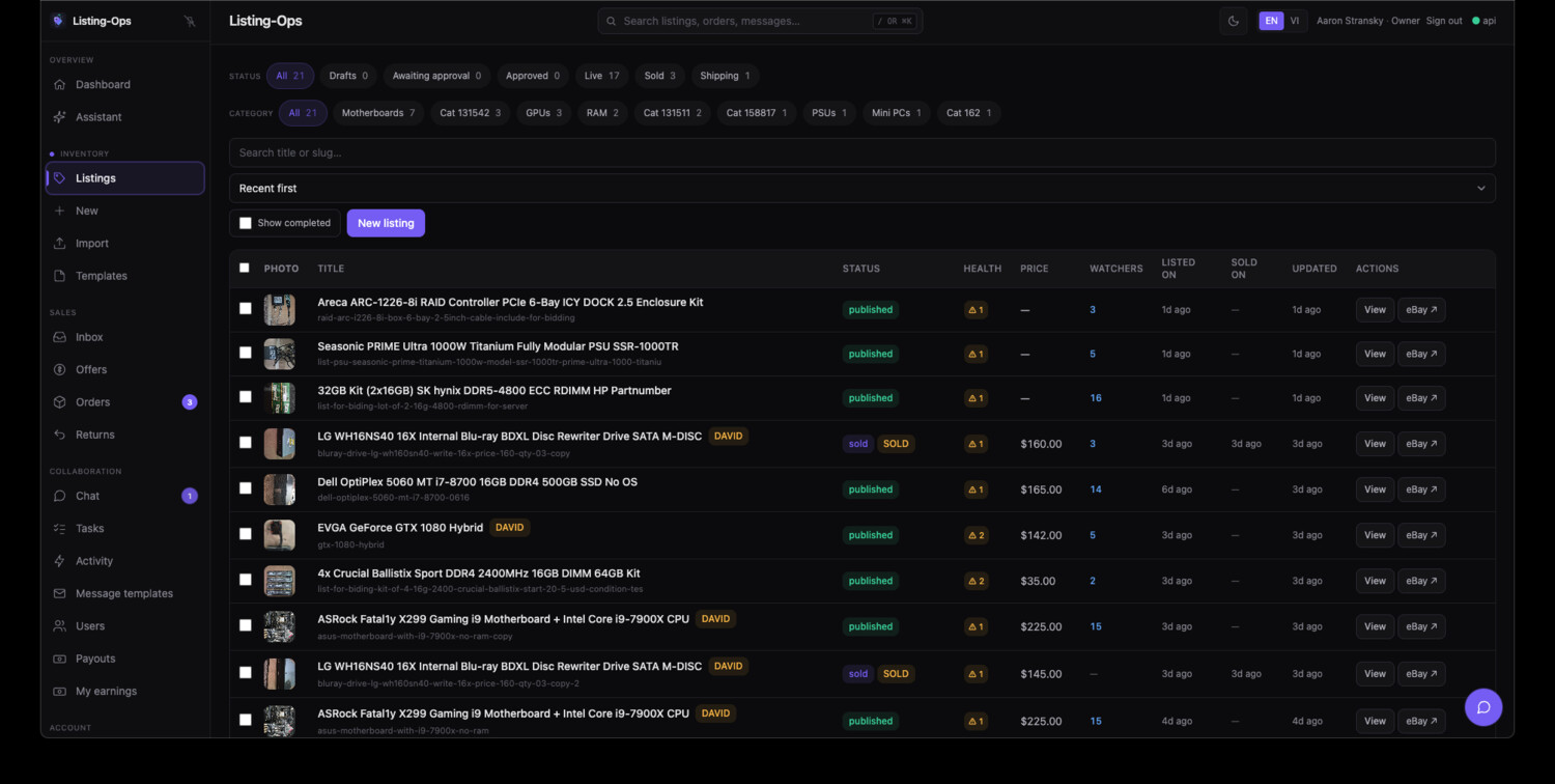 The Listings board: every item filterable by status and category, with health flags, price, watchers, and quick actions.